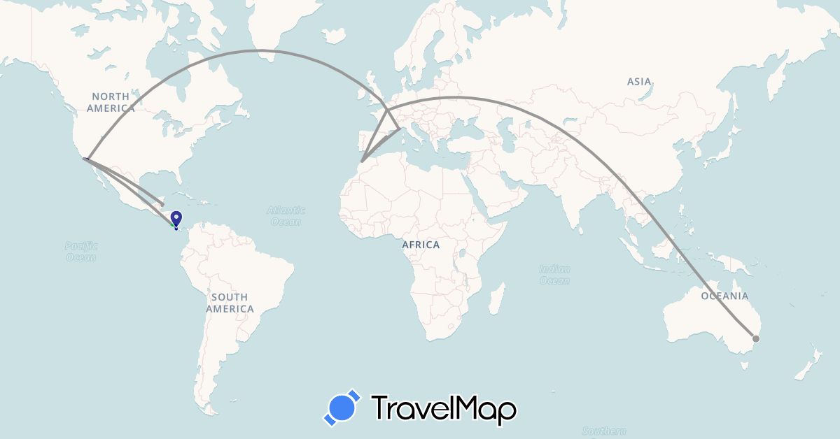 TravelMap itinerary: driving, bus, plane, train in Australia, Belize, Costa Rica, Spain, France, United Kingdom, Morocco, Monaco, Panama, United States (Africa, Europe, North America, Oceania)